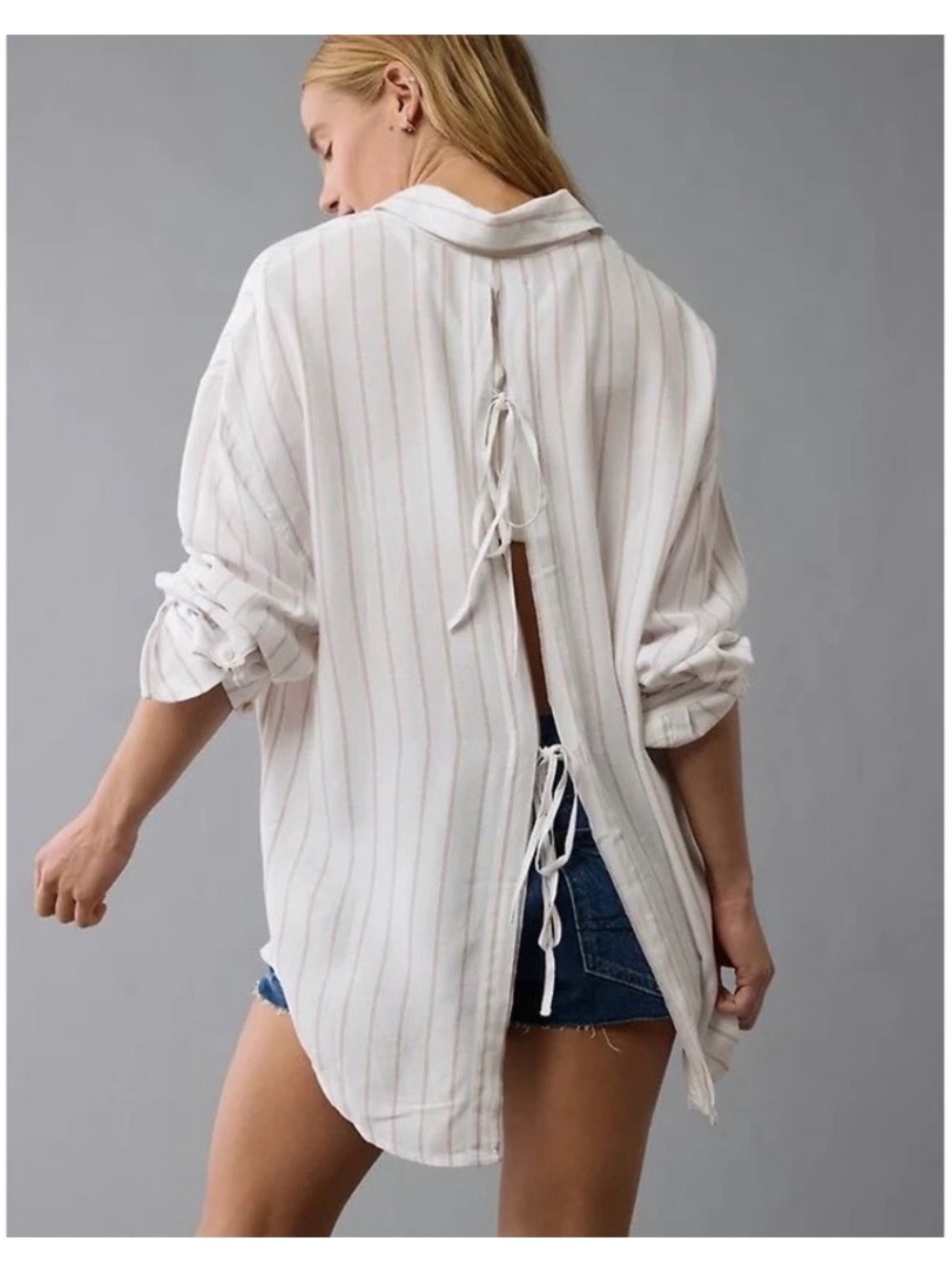 American Eagle Tie Back Oversized Striped Button Up Shirt Resort Coastal XXL